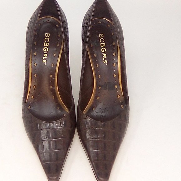 3/$25💦 sz 5.5 BCBGIRLS BROWN CROC PATTERN HEELS - Picture 7 of 13